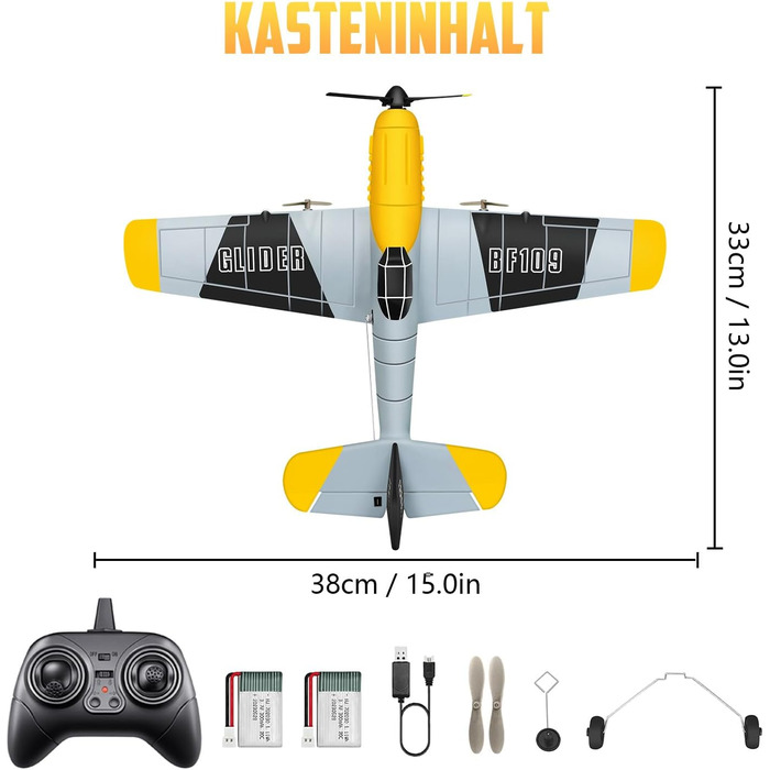 Канальний радіокерований літак BF-109, літак на дистанційному управлінні, готовий до польоту, 2,4 ГГц 6-осьовий гіроскопічний стабілізатор, легкий в управлінні для дітей та початківців, 3-канальний сірий, 39S WORK 3-