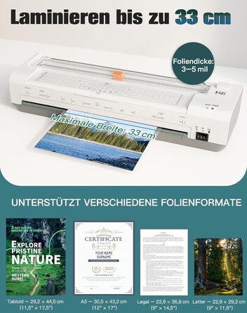 Дюймовий ламінатор A3 з автоматичною подачею паперу, гаряче та холодне ламінування A3, 20 пакетів для ламінування, комплект 10-в-1 з різаком, тримером та закруглювачем кутів для офісу, школи та дому, білий ламінатор A3, білий, 13-