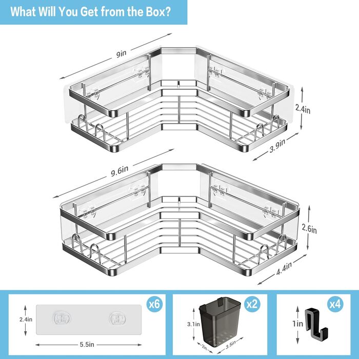 Полиця для душу FINIBO, не потребує свердління, 2 самоклеючі кутові органайзери для ванної кімнати, полиця для душу з нержавіючої сталі з 4 гачками та 2 тримачами для зубної пасти, чорний душовий кошик, кошик для душу для ванної кімнати та кухні, срібляст