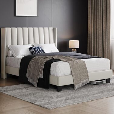 Ліжко Yaheetech з м&39яким каркасом 140 x 200 см, міцне двоспальне ліжко, сімейне ліжко, м&39який каркас ліжка, ліжко з місцем для зберігання, для спальні, гостьова кімната, бежевий колір, бежевий 140 x 200 см