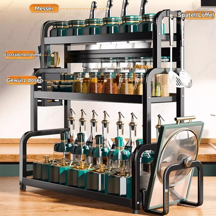 Постійна полиця для спецій з 3 ярусами, підставка для спецій з нержавіючої сталі, органайзер для спецій великої місткості, чорна кухонна полиця, для зберігання на кухонній стільниці, 3 яруси, стояча, чорний колір