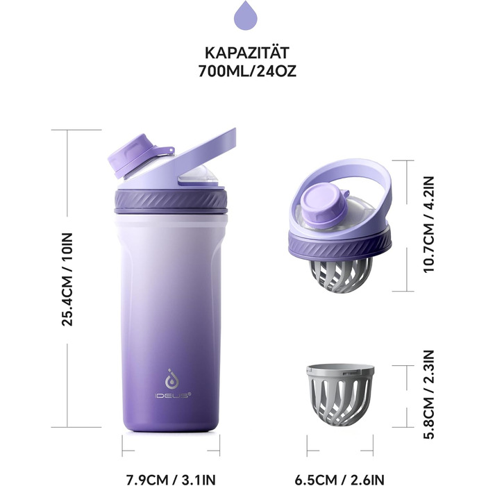 Протеїнова пляшка Ideus Shaker 700 мл (24 унції), двостінна спортивна пляшка з нержавіючої сталі з кулькою для змішування, металева протеїнова пляшка з кулькою для змішування, без BPA, герметична кришка (фіолетовий колір)
