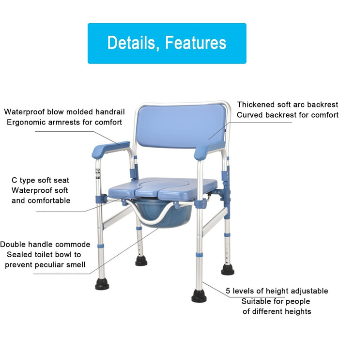 Туалетне крісло, Крісло для душу, Водонепроникне, М'яке м'яке сидіння, Туалетний стілець, Регулюється по висоті зі спинкою, Підлокітник, Знімне сидіння і відро, Туалети