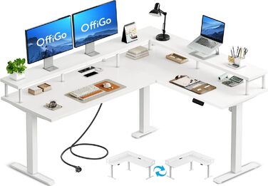 Кутовий письмовий стіл OffiGo, регульована висота, 150x120 см, стіл з регульованою висотою та розеткою, електричний L-подібний стіл з підставкою для монітора, білий 150 x 120 см