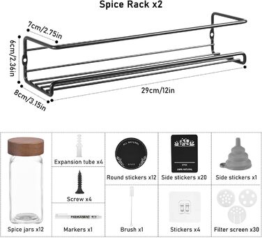Елементна дерев&39яна підставка для спецій, не потребує свердління, підвісна, з 12 банками для спецій, органайзером для спецій, підставкою для спецій та настінною кухонною полицею (2986 см), дерев&39яна підставка для спецій C.12, 2-