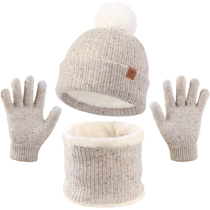Дитячий зимовий комплект OZERO (6-12 років) - в&39язана шапка, шарф-петля, терморукавички з флісовою підкладкою, нековзні рукавички, теплий комплект із 3 предметів для хлопчиків та дівчаток, для ігор на вулиці та дитячого садка, бежевий