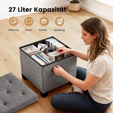 Пуф для зберігання Sweetcrispy, невелика складна лавка, 38 x 38 x 38 см, коробка для зберігання з кришкою як табурет та пуф для ніг, вантажопідйомність до 300 кг, для вітальні, спальні, коридору, темно-сірий