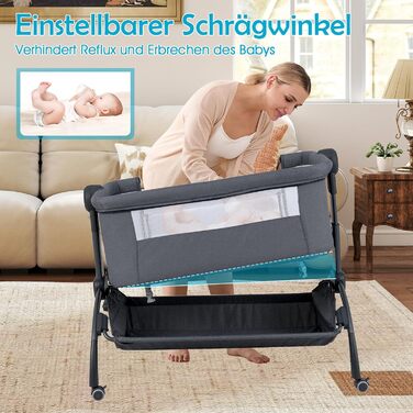 Дитяче ліжечко COSTWAY 3-в-1 з москітною сіткою, дорожнє ліжечко для дитини з матрацом, 7-позиційне регульоване по висоті дитяче ліжечко з сумкою для перенесення, кошик для зберігання, колиска для дитини до 9 місяців (сірий)