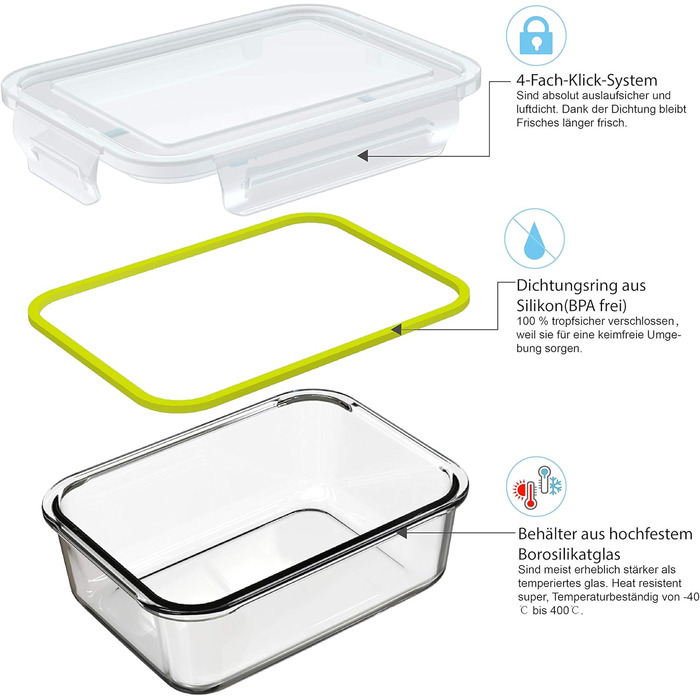Набір скляних контейнерів для зберігання їжі GENICOOK Скляний контейнер/ланч-бокс/коробка для зберігання - не містить BPA та схвал