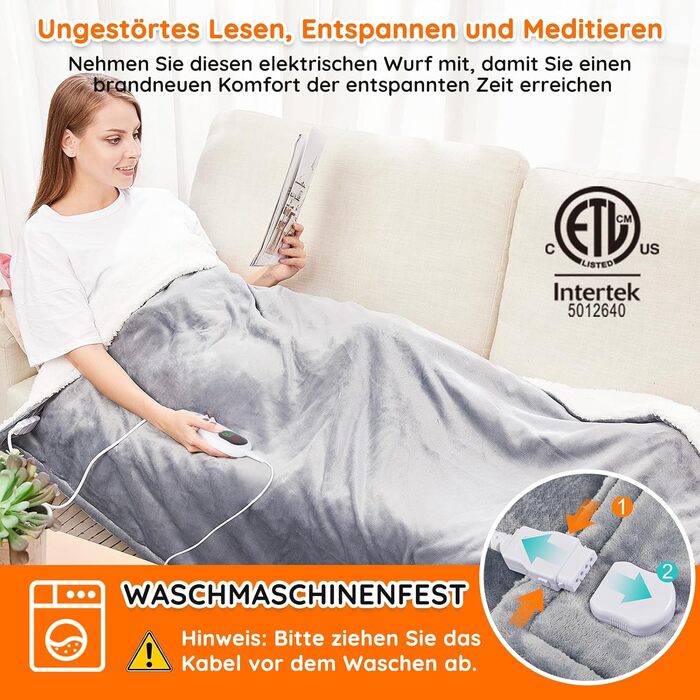 Електрична ковдра Mia&Coco з автоматичним вимкненням, 160x130 см, 10 налаштувань нагріву, 9-годинний таймер автоматичного вимкнення, захист від перегріву, можна прати в пральній машині, фланелева електрична ковдра для ліжка, дивана та вітальні, сіра, 130x