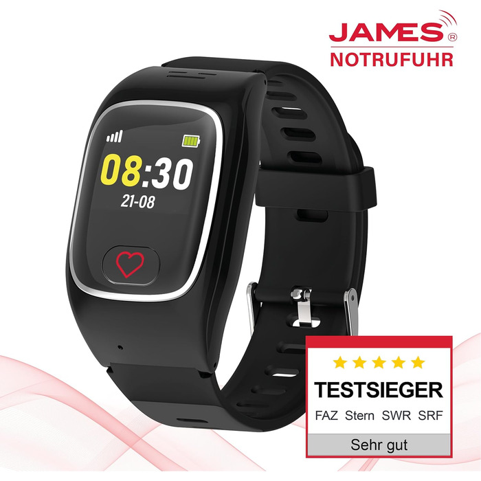 Годинник James B8 для екстрених випадків та безпеки для людей похилого віку GPS, виявлення падіння, кнопка SOS, монітор серцевого ритму, функції для здоров&39я, сімейний додаток, гучний будильник чорний/білий вкл. SIM-картку та 2 місяці безкоштовного тари