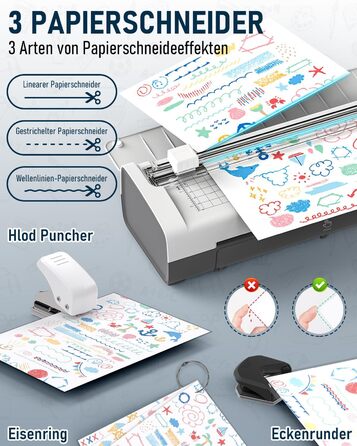 Ламінатор A4, гарячий та холодний ламінатор з 20 ламінуючими пакетами для паперів A4, A5 та A6, ламінатор 12-в-1 з різаком для паперу та закруглювачем кутів, ламінуючий пакет для школи, дому та офісу, білий