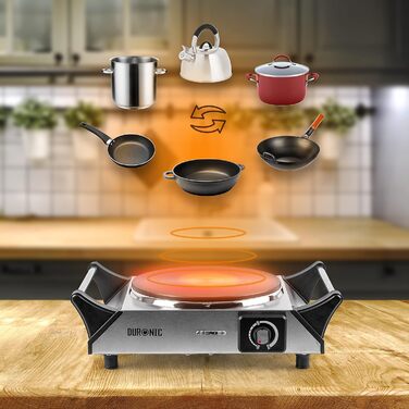 Гаряча плита Duronic HP1 SS електрична одинарна конфорка Плита Варильна поверхня з нержавіючої сталі нержавіюча сталь плавно регульована температура Ручки для перенесення 1500 Вт Кемпінг