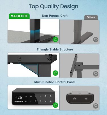 Електричний стіл MAIDeSITe з регульованою висотою, 2 потужними двигунами, регульованою висотою рамою столу з 2-секційними ніжками, 4 налаштуваннями пам&39яті та функцією захисту від зіткнень (чорний) 72-120 см Чорний