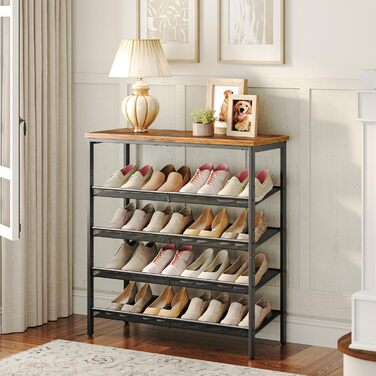 Взуттєва полиця HOOBRO, 5-ярусне зберігання взуття, взуттєва шафа, регульована металева сітчаста полиця, містка верхня частина, на 16-20 пар, вхід, коридор, індустріальний колір, вінтажний коричнево-чорний EBF12XJ01 темно-коричневий чорний 75 x 30 x 81 см