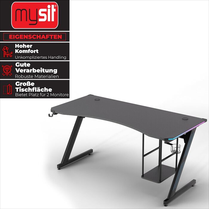 Ігровий стіл MY SIT Gizmo зі світлодіодним підсвічуванням, що змінює колір - Тримач для навушників, тримач для ПК та підсклянник - Потужне керування кабелями - Ігровий стіл/комп&39ютерний стіл чорного кольору