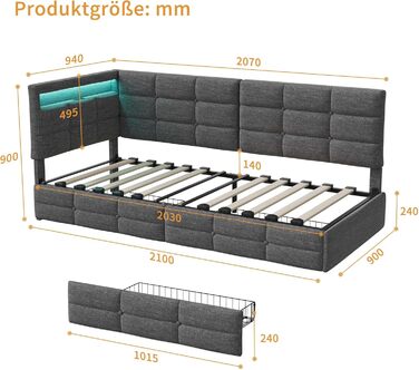 М&39яке ліжко/диван-ліжко 90x200 з 2 шухлядами для зберігання речей, дитяче ліжко 90x200 зі світлодіодним освітленням та зарядною станцією USB, односпальне ліжко з дерев&39яним рейковим каркасом, лляно-сірий (без матраца) лляно-сірий 90x200 см