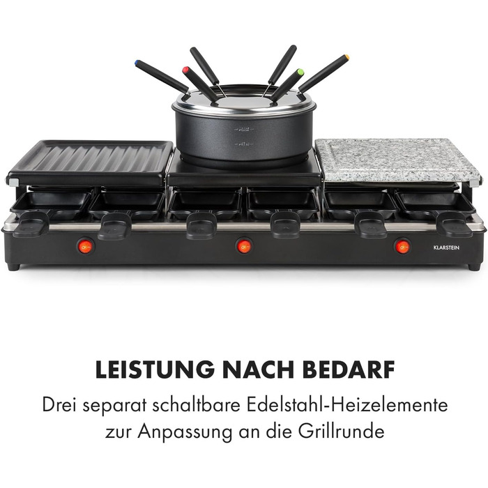 Гриль і фондю для раклету 3-в-1, 1650 Вт металевий/натуральний камінь/млинець, 3 окремі нагрівальні елементи з нержавіючої сталі, до 12 осіб, антипригарне покриття, чорний