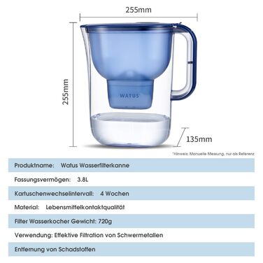 Фільтр для води Watus, синій глечик для фільтрації води, містить 4 картриджі Watus - глечик для фільтрування води (3,8 літра), фільтрація питної води для зменшення вмісту вапняку, хлору, свинцю та міді у водопровідній воді.