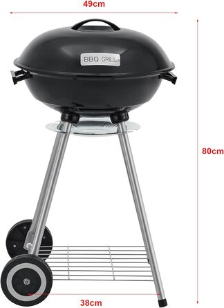 Гриль-барбекю Apricena на вугіллі, круглий, з візком, решітка з емальованої нержавіючої сталі, садовий гриль, 2 колеса, знімний кришка, 80 x 49 x 47 см, чорний