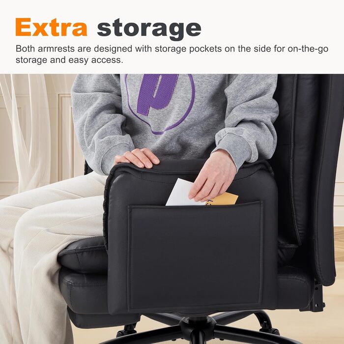 Ергономічне офісне крісло IWMH 227 кг, крісло керівника XXL зі штучної шкіри з підставкою для ніг, письмове крісло з регульованим по висоті підголівником, функція нахилу 135, поворотне крісло для домашнього офісу, ігрове (чорне)