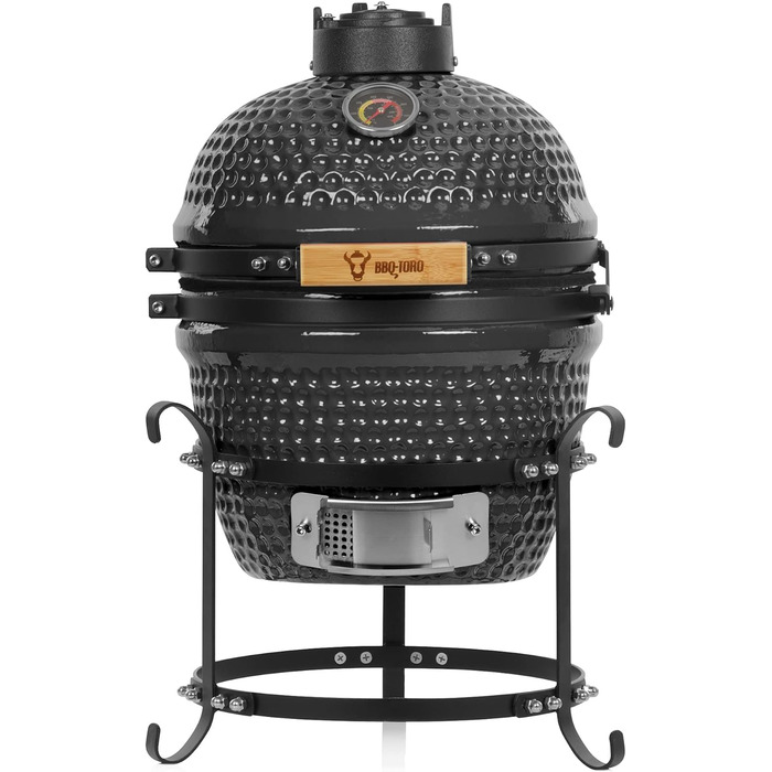 Вугільний гриль Haiiro Ø 32 см з термометром, дерев'яна ручка сірий Керамічний гриль Kamado, міні-гриль на вугіллі, міні-гриль кам