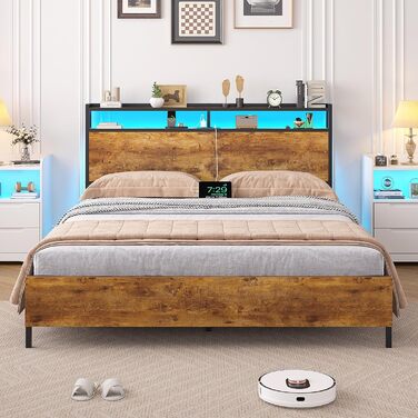 Ліжко 120x200 см зі світлодіодним освітленням та 2 USB 2 розетками змінного струму. Металевий каркас ліжка 120x200 з металевим каркасом та дерев&39яним узголів&39ям з місцем для зберігання речей, каркас двоспального ліжка. Міцне та стійке. Легке складання