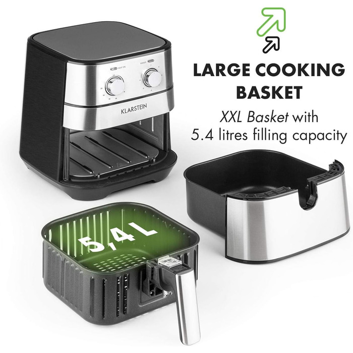 Фритюрниця Klarstein AeroVital - фритюрниця, 1700 Вт, об'єм 5.4 літра, налаштування температури, таймер, частини, які можна мити в посудомийній машині, з низьким вмістом жиру, смаження, що економить час, нержавіюча сталь, срібло