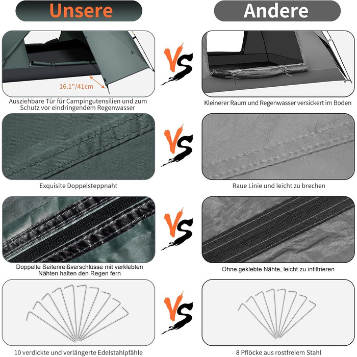 Намет для кемпінгу, 3-місний намет миттєвого розкладання, водонепроникний тришаровий автоматичний купольний намет, великий 4-сезонний намет з дощовиком та 2 розсувними ґанками, зелений