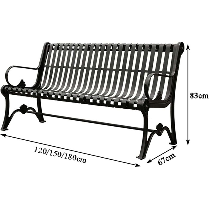 Відкрита садова лава, Тераса Паркова лавка на 3 особи, Чавунна веранда Балконна лава, Чорне металеве сидіння для відпочинку з пластиковим покриттям (150 см)