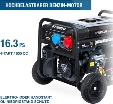 Бензиновий генератор HYUNDAI HY8500LEK-T, генератор 230 В та 400 В, максимальна потужність 10,3 кВА, двигун 16,3 к.с., електричний запуск, генератор для будівельного майданчика, аварійний генератор живлення