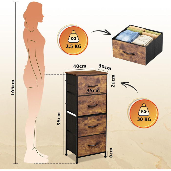 Комод WLIVE з 4 тканинними шухлядами, комод для спальні, комод для вітальні, з міцним сталевим каркасом, дерев&39яна стільниця, рустикальний коричневий вінтажний коричневий чорний 29,8 Г x 39,8 Ш x 98,2 В см (4 шухляди)
