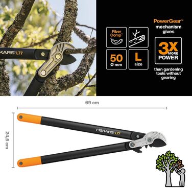 Садові секатори Fiskars PowerGear з механізмом передачі для сухого гілля та пагонів, з нарізним та тупим лезом, антипригарним покриттям, виготовлені з міцної інструментальної сталі, довжина 69 см, чорно-помаранчеві, L77, 1000583 L77 (діаметр гілок до 5 см