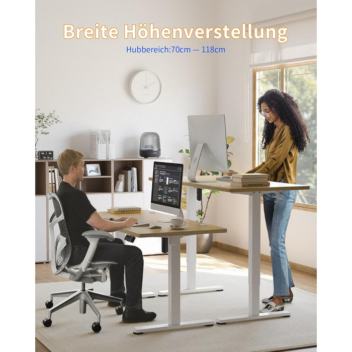 Письмовий стіл з регульованою висотою 120x60 см, Електричне регулювання висоти стіл, Стіл з регульованою висотою для роботи стоячи з функцією пам&39яті, Каркас натурального білого кольору/Стільниця натурального кольору 120 x 60 см