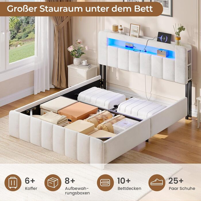 М&39яке ліжко 140x200 з місцем для зберігання, гідравлічне ліжко зі світлодіодним освітленням та зарядною станцією, дитяче ліжко, двоспальне ліжко, каркас ліжка з оксамитовим узголів&39ям - матрац не входить до комплекту (бежевий оксамит, 140x200 см) Беже