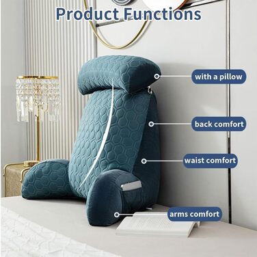 Подушка для читання для дорослих (Д x В) 75 x 55 см подушка для поперекової підтримки зі знімним валиком для шиї, підлокітником та кишенями, для ліжка, офісного крісла та дивана, ідеально підходить для читання, ігор, перегляду телевізора (світло-блакитна)