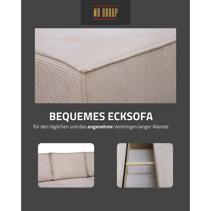 Г-подібний кутовий диван Bergamo, 240x142 см, з функцією сну та відділенням для зберігання речей. Вельветовий диван-ліжко, універсальна сторона, невеликий диван для передпокою, 3-місний кутовий диван-ліжко для вітальні, подушки, бежевий. Zoom 1 - Бежевий.