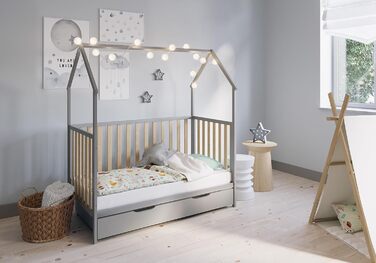 Дитяче ліжко-будиночок FabiMax з малюнком сони, біле лаковане, 140x70 см, виготовлене з масиву сосни (надувний матрац, з шухлядою)