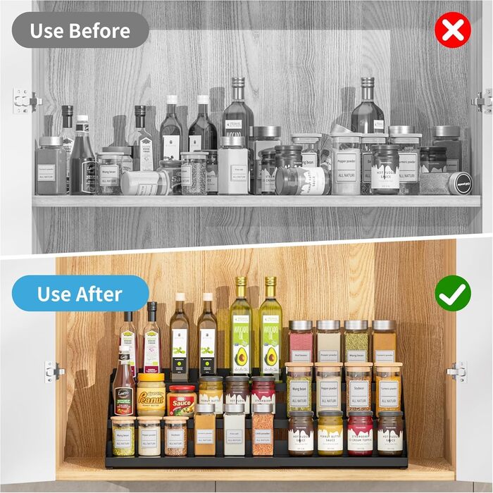 Рівнева підставка для спецій, органайзер для кухонних полиць, органайзер для спецій, розширюваний металевий органайзер для кухонних шаф від 34 см до 55 см, для стільниць, кухні, їдальні - чорний, 3-