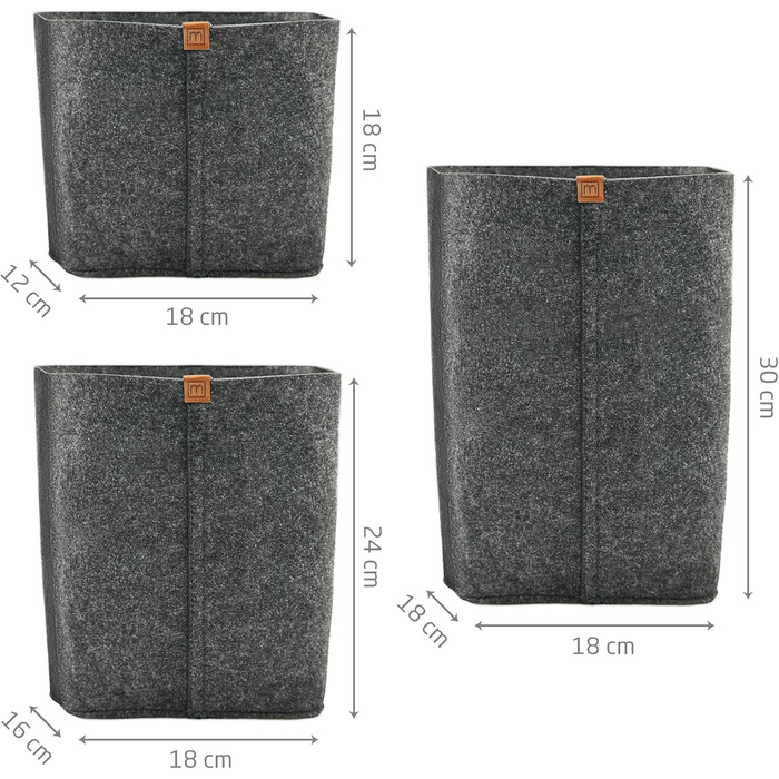 Кошик преміум-класу з фетру MIQIO Design Набір із 3 кошиків для зберігання Сертифіковано Oeko-Tex Складаний органайзер Кубоподібна коробка для кухні, вітальні, коридору або ванної кімнати Темно-сірий
