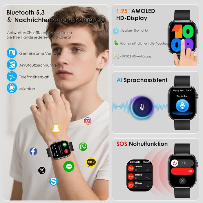 Розумний годинник YUPENG з ЕКГВСР/кров&39яним тиском/сечовою кислотою/ІМТ, 1,95-дюймовий AMOLED сенсорний фітнес-годинник з функцією телефону, 24-годинний монітор сну/серцевий ритм/SpO2/екстрений виклик SOS Android iOS Чорний