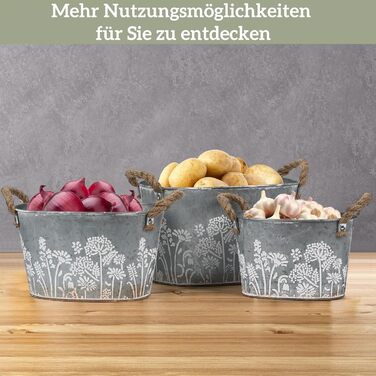 Набір вінтажних вуличних квіткових горщиків, 3 предмети, оцинковані металеві горщики для рослин з мотузковими ручками, відра для квітів/горщики для трав для кухні, балкону та саду, 19/22,5/26 см