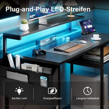 Письмовий стіл, комп&39ютерний стіл зі світлодіодним підсвічуванням та підставкою для монітора, ПК-стіл з 2 полицями та сумкою для зберігання для кабінету та спальні, 100 x 48 x 74 см, міцний металевий каркас, чорний.