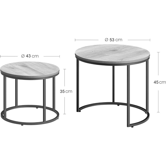 Набір журнальних столиків Home Collective із 2 шт. , круглі приставні столики, дизайн лофт, вбудований дизайн 2-в-1, стійка до подряпин поверхня, вітальня ширина 53 см та 43 см, дуб із чорними ніжками, дуб/чорний, круглий