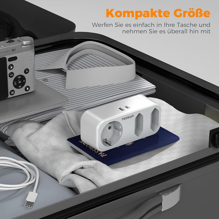 Подвійна вилка з USB C, адаптер розетки 5 в 1, багатофункціональна вилка з 1 USB C і 1 USB A, розподільник розеток 3600 Вт з USB C