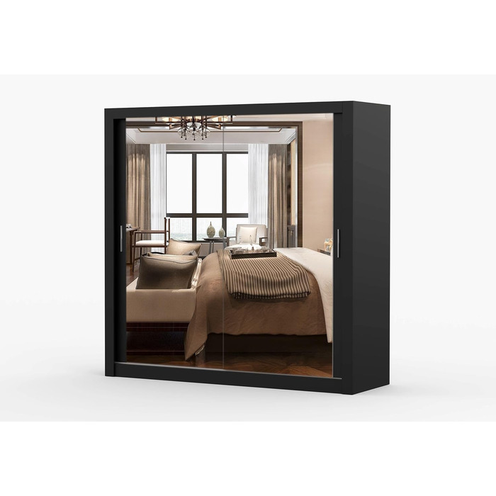 Шафа з дзеркалом - Шафа з розсувними дверима - Шафа для спальні - 64 x 203 x 215 см - Шафа для вітальні - Вішалка для одягу, Шафа з двома дверима, Сучасна 200 см Чорного кольору