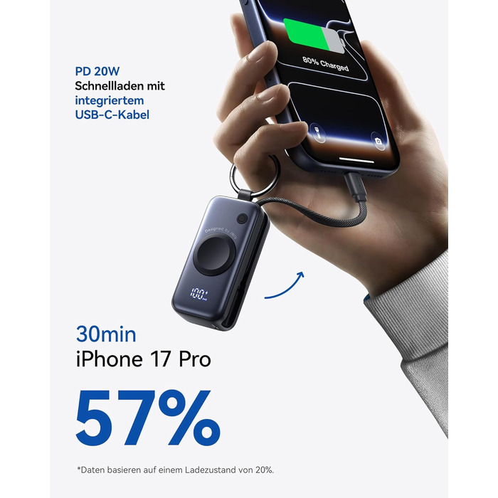 Міні-зовнішній зарядний пристрій для Apple Watch та iPhone з кабелем USB-C, портативні зовнішні акумулятори для телефону 5000 мАг 20 Вт PD, дорожні гаджети для Apple Watch Ultra 11 10 9 8 7 6 5 SE, iPhone 17 16 15 чорного кольору