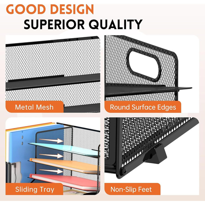 Органайзер для лотка для паперу з сітчастим тримачем для файлів, 5-ярусний настільний аксесуар та органайзер для офісного приладдя, чорний з тримачем для ручок