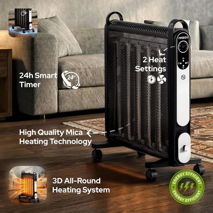 Конвекторний обігрівач Arebos Mica 2000 Вт 2 потужних рівня нагріву Регульований термостат 3D-система опалення Енергозберігаючий променевий обігрівач У комплекті пульт дистанційного керування та цифровий дисплей Тепловентиляторний обігрівач Чорний
