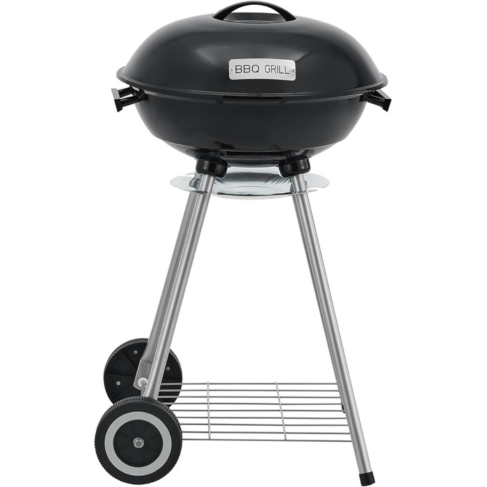 Гриль-барбекю Apricena на вугіллі, круглий, з візком, решітка з емальованої нержавіючої сталі, садовий гриль, 2 колеса, знімний кришка, 80 x 49 x 47 см, чорний